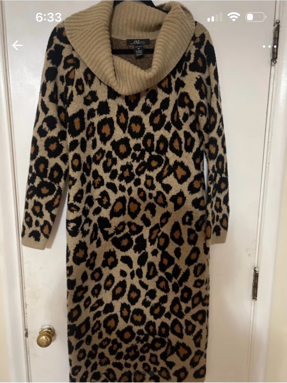 Midnight Velvet Leopard Print Cowl Neck Sweater Dress - Beige/Black/Brown